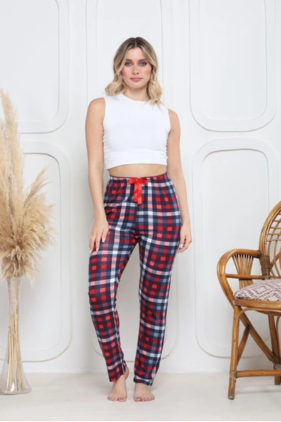 Viskon likralı alt pijama küçük ekose baskı desenli q6018 - Resim 2