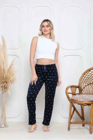 Kadife pijama altı lacivert üzerine beyaz Pontiye desenli q7013 - Resim 3