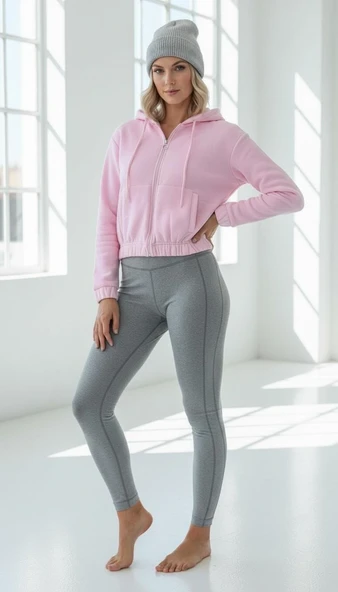 3 iplik şardonlu Kapşonlu fermuarlı kısa üst pembe pat8590 - Resim 2