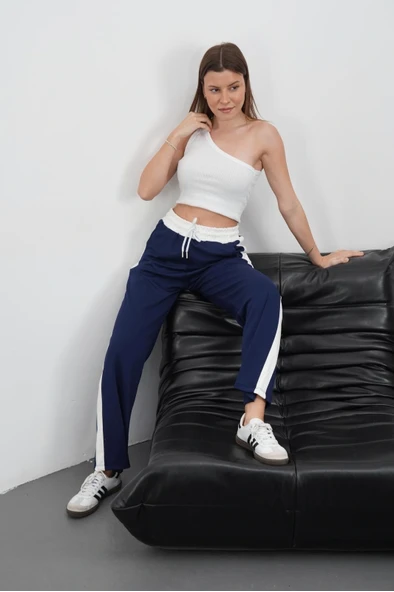 Şeritli garnili pantolon lacivert - Resim 3