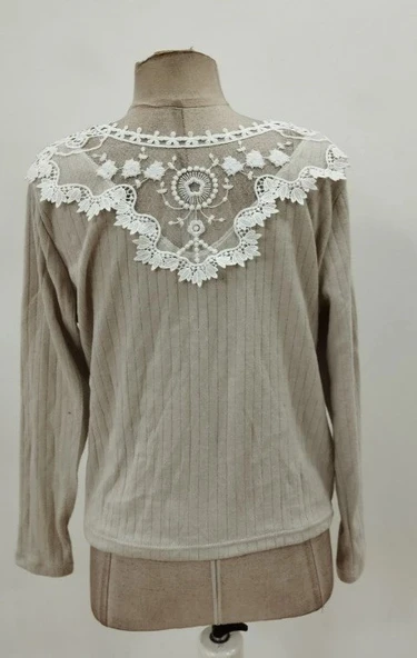 MDB Kadın Uzun Kollu V Yakalı Arkadan Dantel Detaylı şardonlu Kaşkorse Bluz - Resim 8