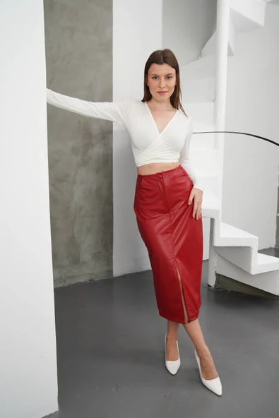 Yırtmaçlı uzun deri etek bordo - Resim 3