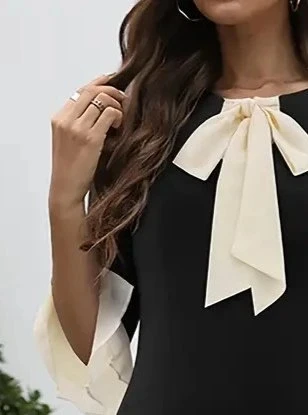 MDB Kadın Truvakar Kollu Fiyonk Yakalı Midi Ithal Krep Elbise - Resim 3