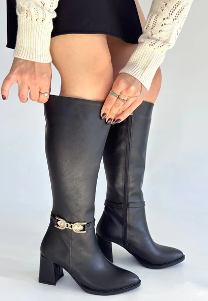 Mooni Siyah Cilt Topuklu Çizme - Resim 2