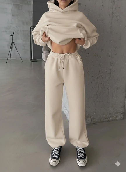 3 iplik şardonlu Lastik paça eşofman bej p510439 ürün görseli 1