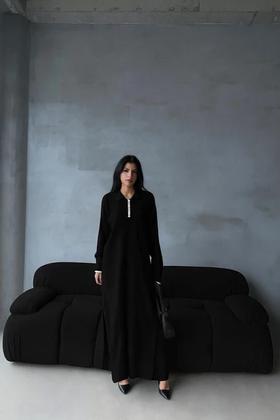 Pantolon yırtmaçlı elbise ikili triko takım siyah elf ürün görseli 1