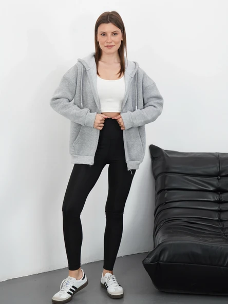 3 iplik şardonlu fermuarlı kapşonlu hırka gri - Resim 4