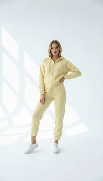 3 iplik şardonlu Kapşonlu fermuarlı kısa üst sarı pat8590 - Resim 2