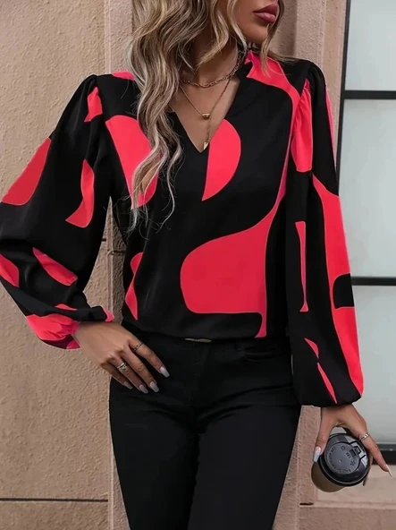 MDB Kadın Uzun Kollu V Yakalı Desenli Modal Bluz - Resim 2