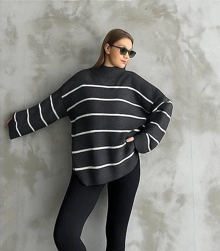 Çizgili ispanyol kol triko boğazlı kazak antrasit elf ürün görseli 1