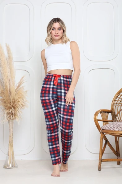 Viskon likralı alt pijama küçük ekose baskı desenli q6018 - Resim 3