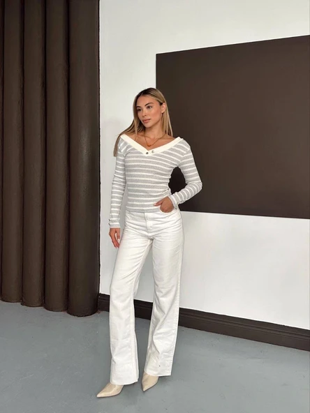 V yaka kol ve yaka düğmeli bluz gribeyaz A4047 - Resim 2