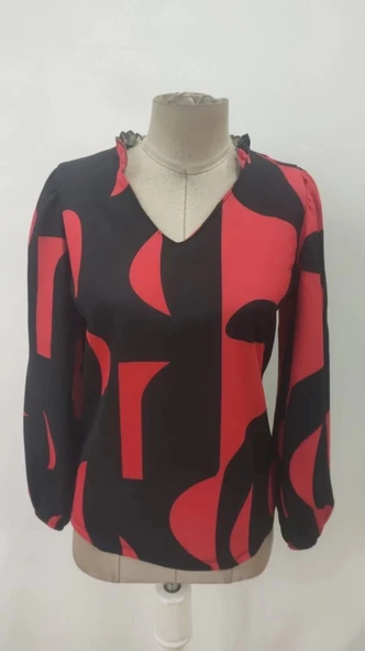 MDB Kadın Uzun Kollu V Yakalı Desenli Modal Bluz - Resim 6