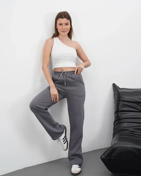 3 iplik şardonlu palazzo pantolon füme md64 ürün görseli 1