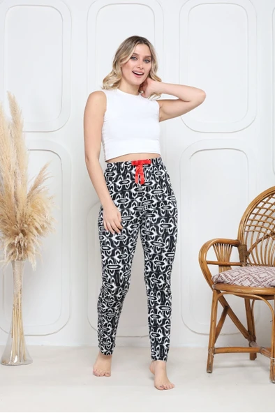 Viskon likralı alt pijama süzgülü siyah baskı desenli q6018 - Resim 3