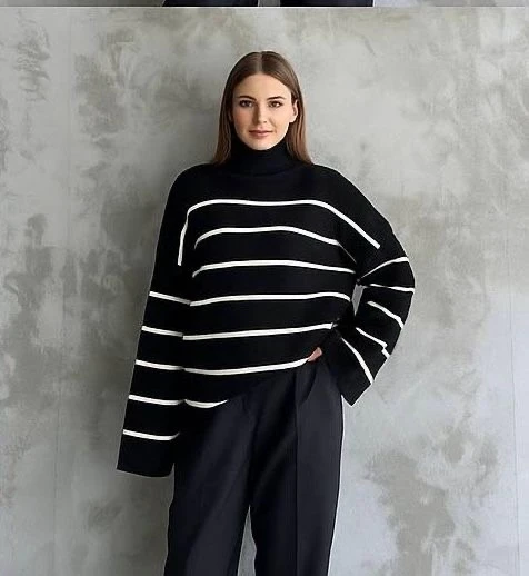 Çizgili ispanyol kol triko boğazlı kazak siyah elf - Resim 2