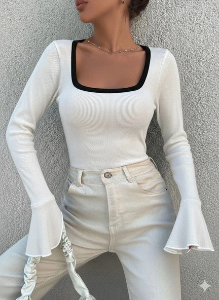 Kare yaka garni detay ispanyol kol bluz beyaz a3105 ürün görseli 1