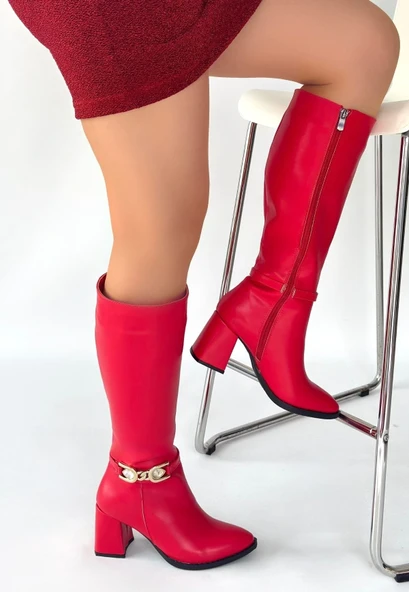 Mooni Kırmızı Cilt Topuklu Çizme - Resim 2