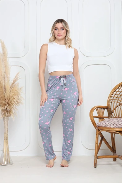 Viskon likralı alt pijama gri üzerine pembe kelebek baskı desenli q6018 - Resim 2