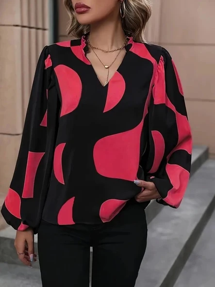 MDB Kadın Uzun Kollu V Yakalı Desenli Modal Bluz - Resim 4