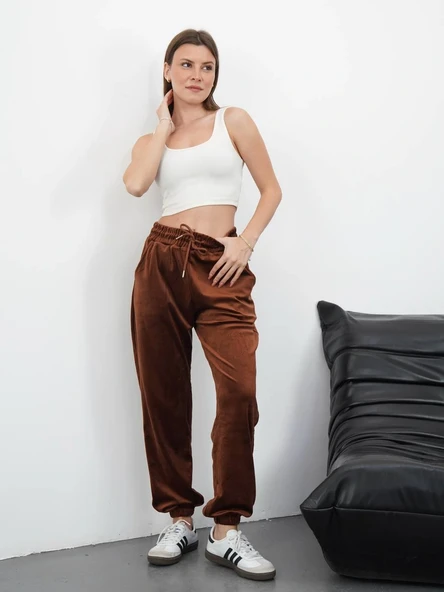 Paça lastikli kadife eşofman kahve md34 - Resim 3