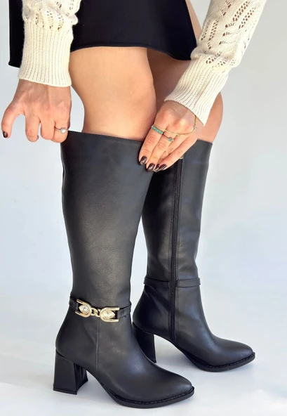 Mooni Siyah Cilt Topuklu Çizme - Resim 2