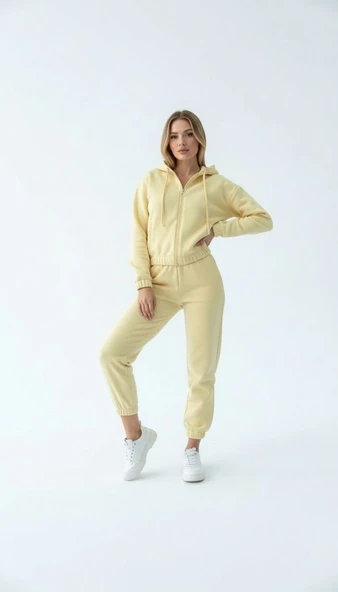 3 iplik şardonlu Kapşonlu fermuarlı kısa üst sarı pat8590 - Resim 3