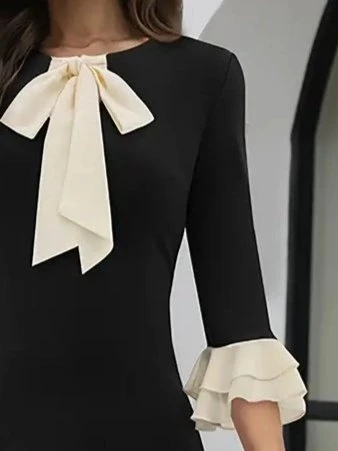 MDB Kadın Truvakar Kollu Fiyonk Yakalı Midi Ithal Krep Elbise - Resim 2