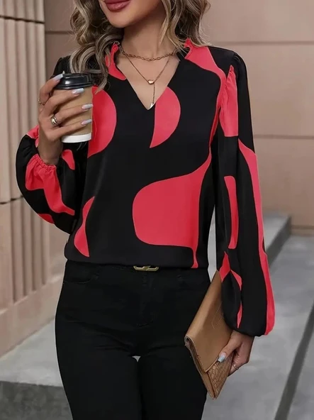 MDB Kadın Uzun Kollu V Yakalı Desenli Modal Bluz - Resim 5