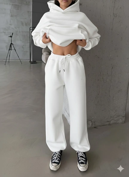 3 iplik şardonlu Lastik paça eşofman beyaz p510439 ürün görseli 1