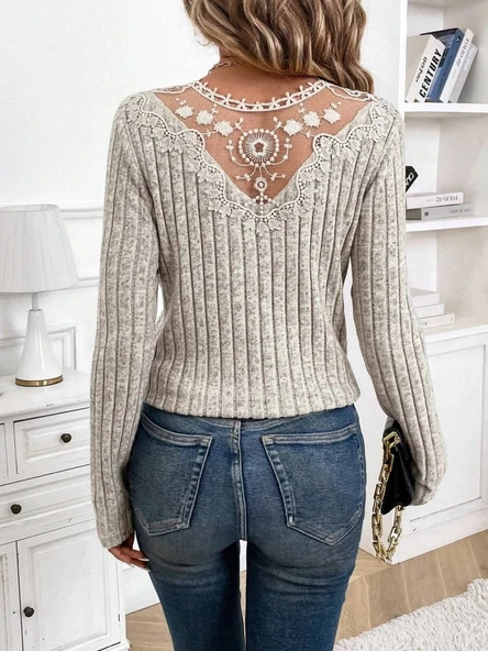 MDB Kadın Uzun Kollu V Yakalı Arkadan Dantel Detaylı şardonlu Kaşkorse Bluz - Resim 6