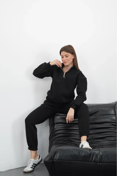 3 iplik içi Şardonlu yarım fermuarlı alt üst takım siyah - Resim 3