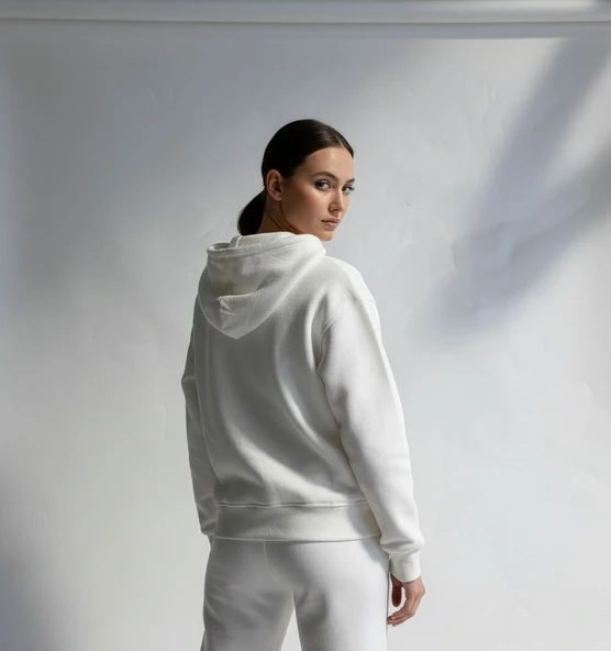 3 iplik şardonlu kapşonlu hoodie frm beyaz p510437 - Resim 6