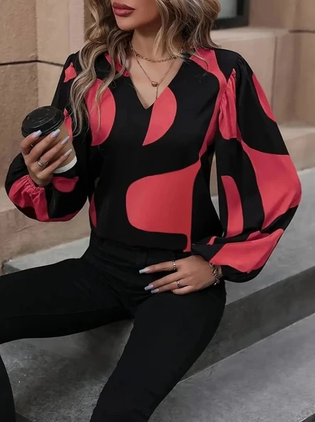 MDB Kadın Uzun Kollu V Yakalı Desenli Modal Bluz - Resim 3