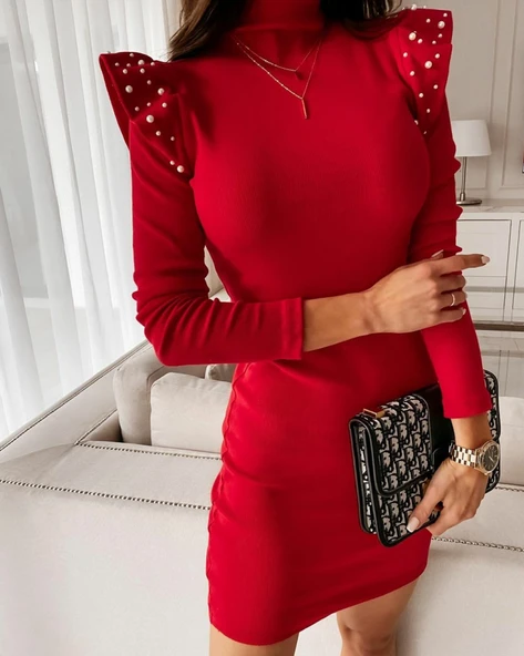 Kadın Uzun Kollu Balıkçı Yaka Omuzlarda Pile Inci Detay Kaşkorse Elbise - Resim 5