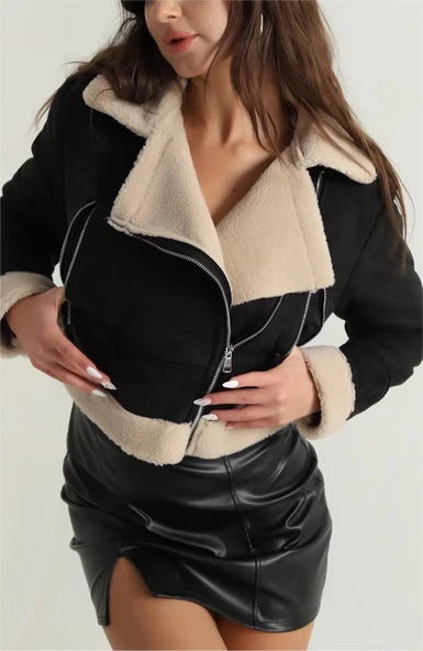 İçi kürklü dışı süet kısa kaban siyah t1186 - Resim 3