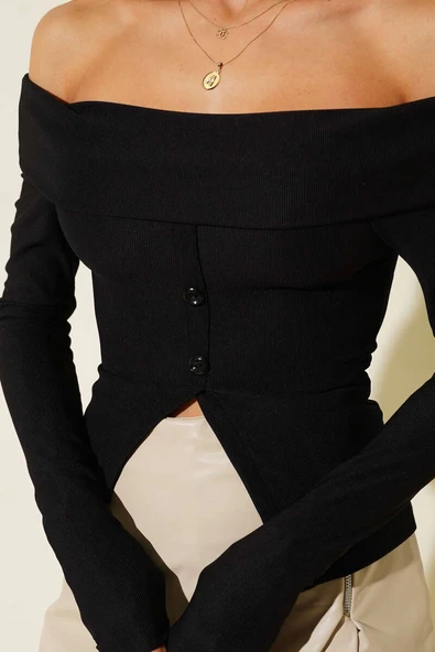 Madonna Yaka Düğmeli Bluz siyah t4329 - Resim 4