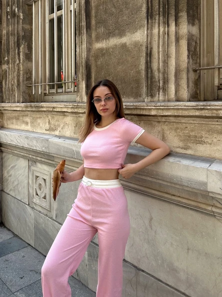 Crop pantolon biyeli takım pembe - Resim 2