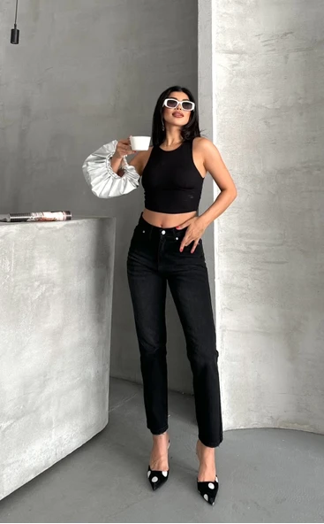 Mom fit enzim bıyıklı taş yıkama jeans pantolon siyah d2006 ürün görseli 1