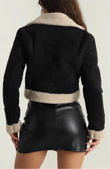 İçi kürklü dışı süet kısa kaban siyah t1186 - Resim 2