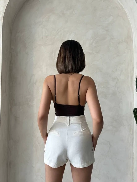 Kemer detaylı gabardin şort krem s25289 - Resim 3