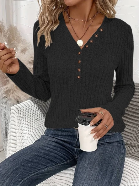 Kadın Uzun Kollu V Yakalı Düğmeli şardonlu Kaşkorse Bluz - Resim 3