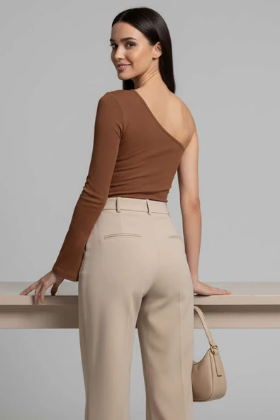 Tek Omuzlu Basic Bluz kahve T4275 - Resim 3