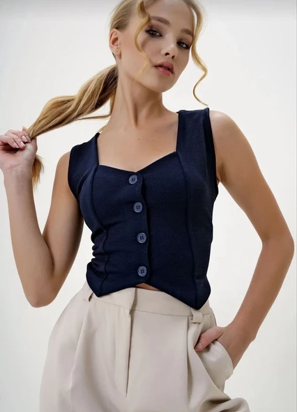 Krep kumaş düğmeli yelek lacivert s3395 - Resim 3