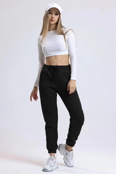 3 iplik şardonlu paça lastikli eşofman siyah is001 - Resim 4