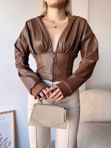 Kapşonlu yarım fermuarlı ceket kahve h24116 - Resim 5