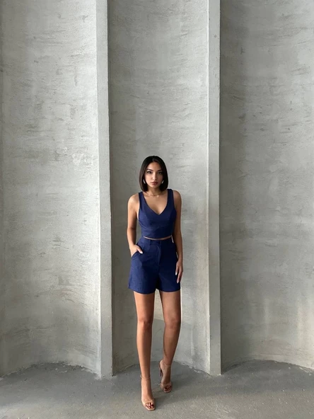 Şortlu keten takım s255014 - Resim 2