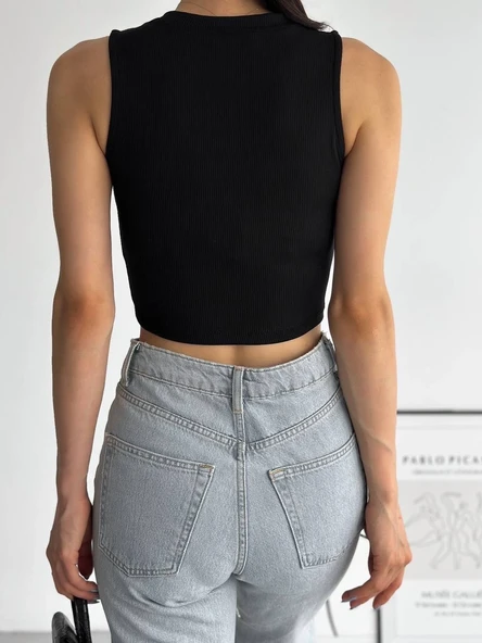 fitilli kaşkorse yakası zincirli atlet siyah - Resim 3