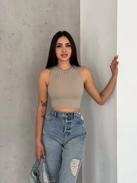 fitilli kaşkorse yakası zincirli atlet vizon - Resim 3