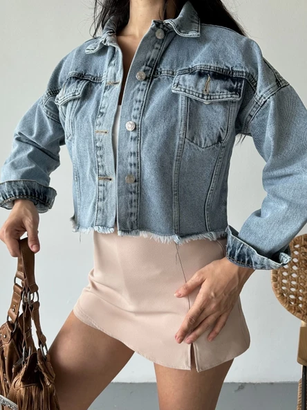 Çift kapaklı püsküllü crop buz mavi d2002 - Resim 2